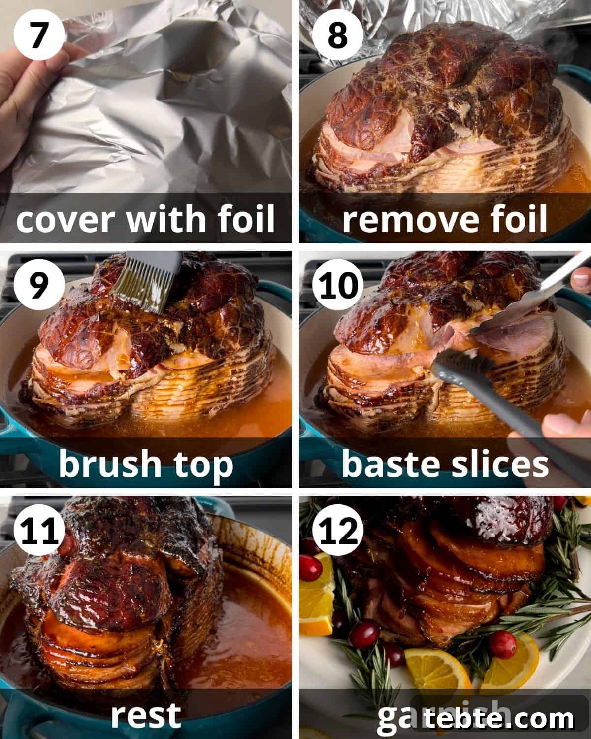 How to Cook a Spiral-Cut Ham for Juicy, Even Results 5 A 6 photo collage showing the final steps to cook spiral ham.