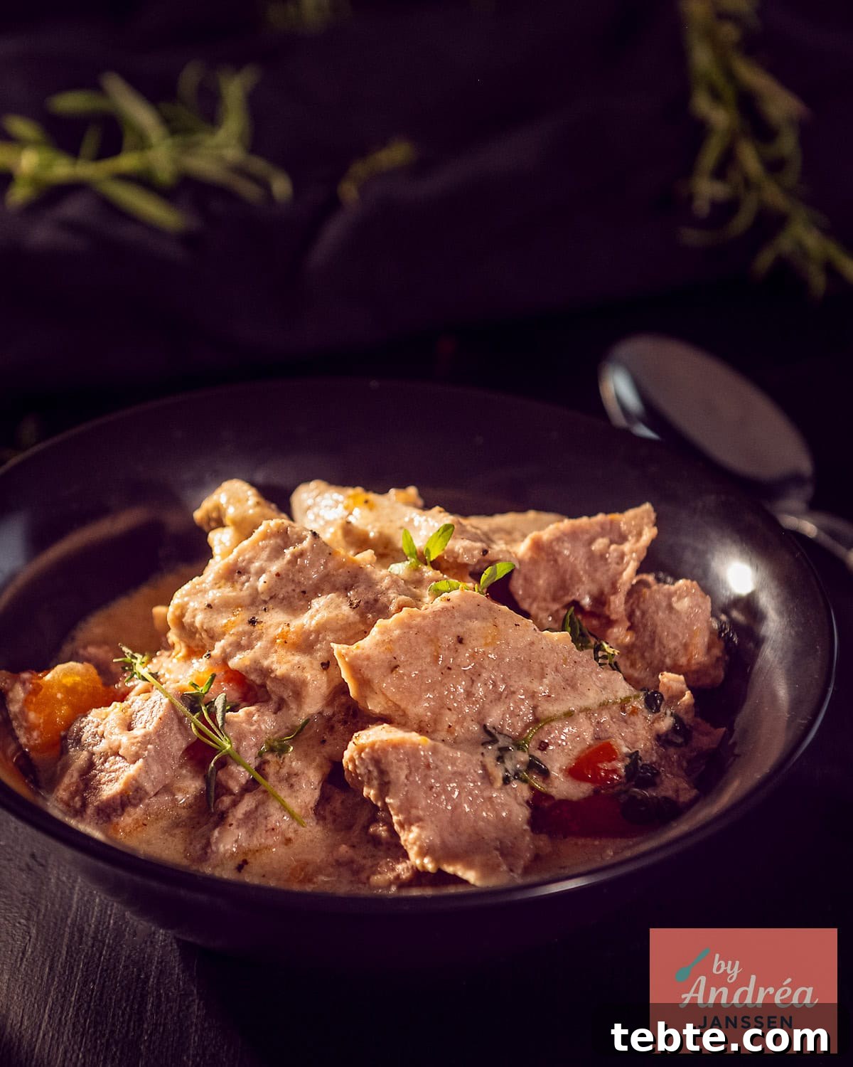 Slow-Cooker French Ham Steak Stew Recipe 2 Aerial photo of a black plate with ham steaks from the slow cooker