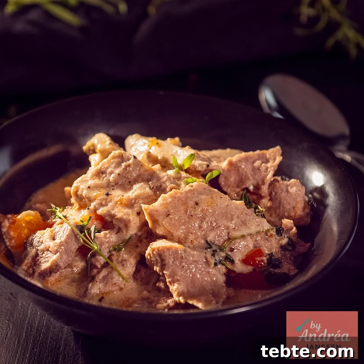 Slow-Cooker French Ham Steak Stew Recipe 11 A square photo with a black plate with ham steaks in a delicious cream sauce