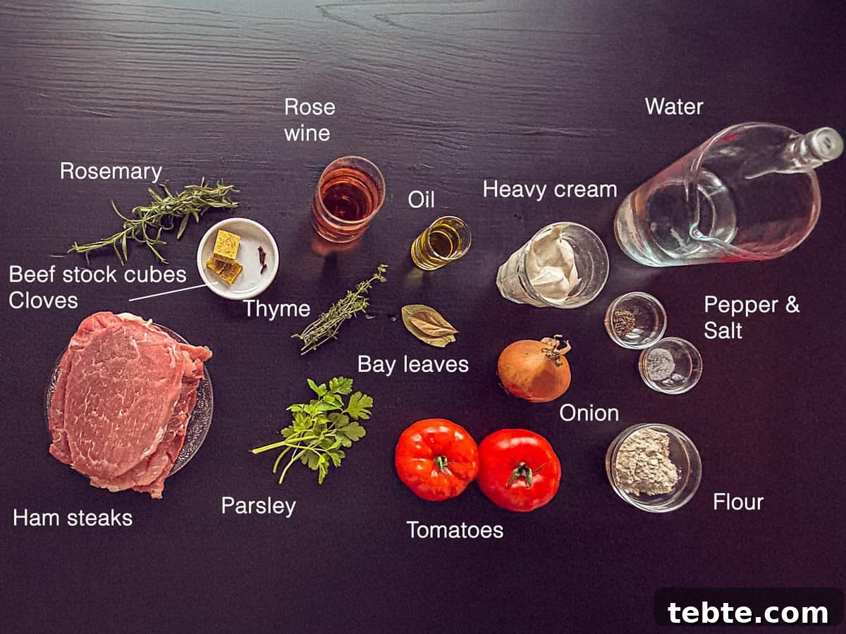 Slow-Cooker French Ham Steak Stew Recipe 3 Ingredients Slow Cooker French Ham Steak Stew on a black background with text description