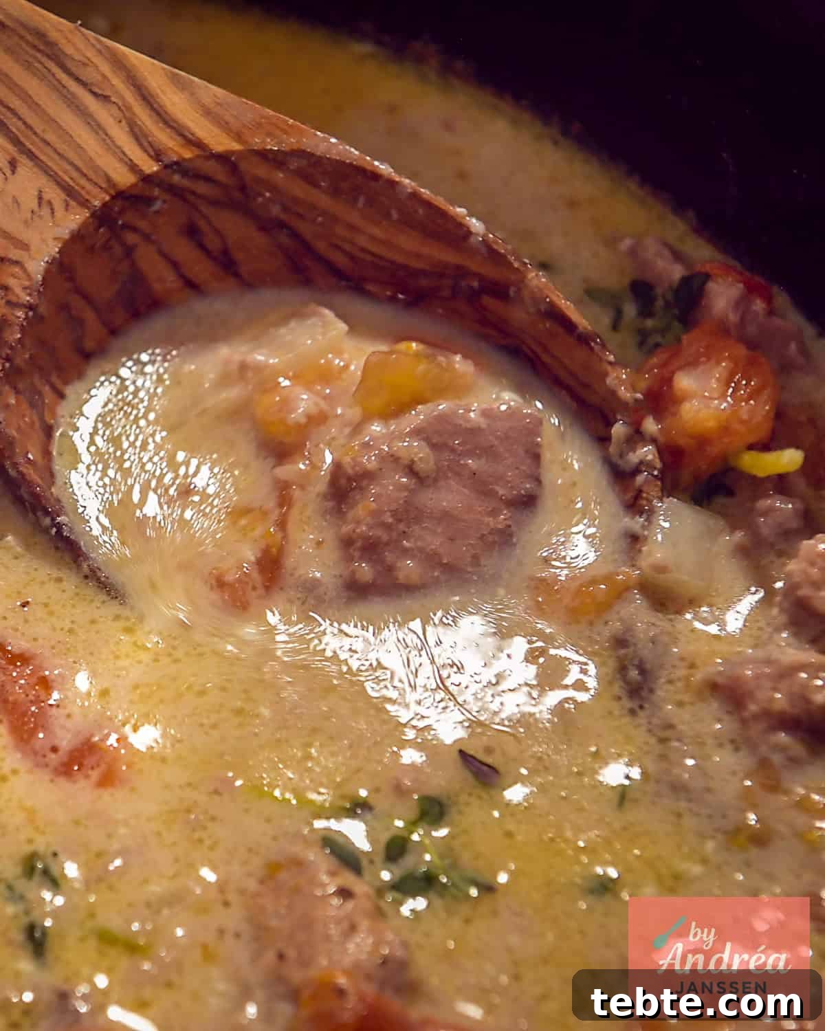 Slow-Cooker French Ham Steak Stew Recipe 10 Part of a slow cooker with ham steaks in a creamy sauce
