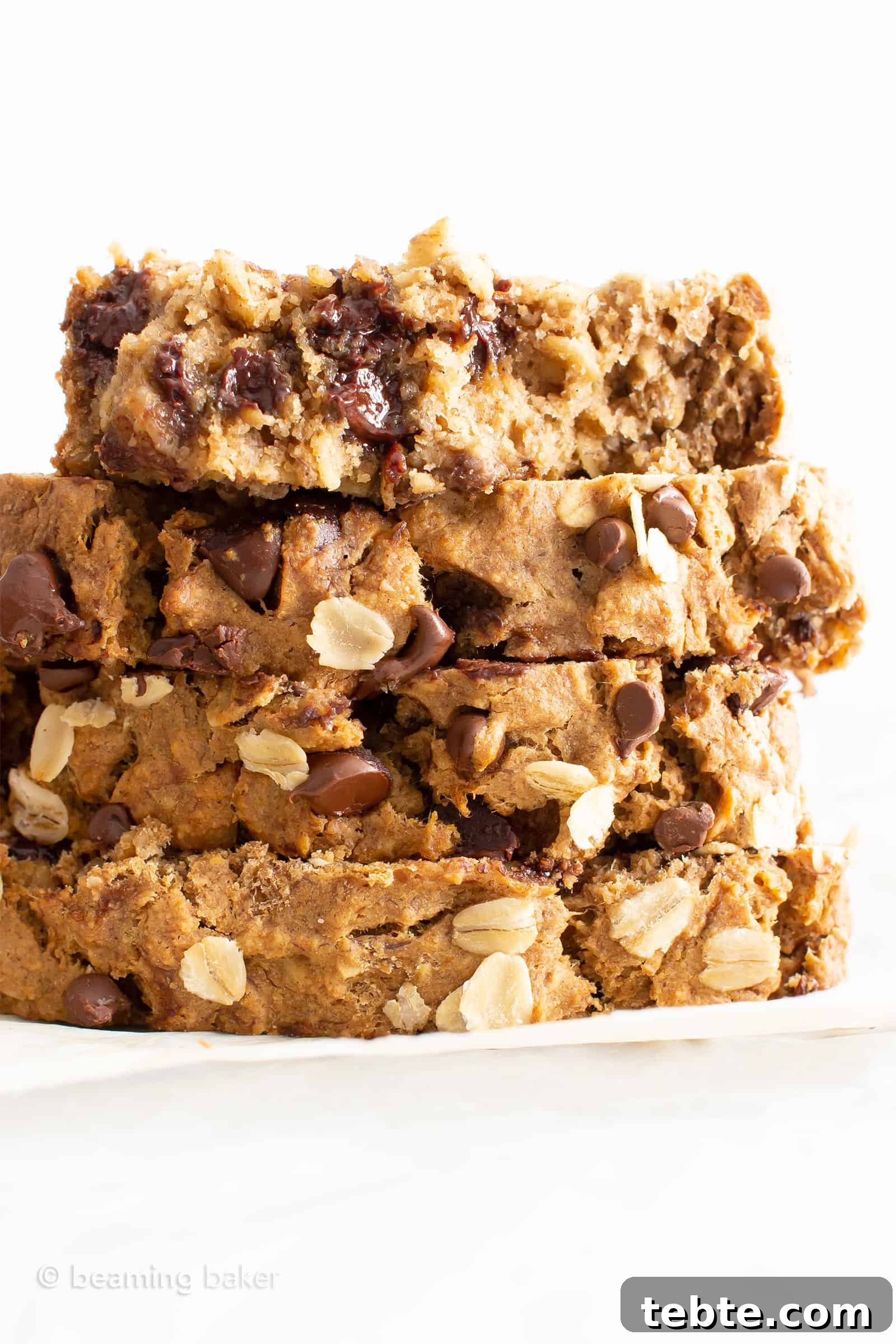 Super Moist Vegan Oatmeal Chocolate Chip Banana Bread (Gluten Free): a healthy banana bread recipe with oats & chocolate! It’s the ultimate vegan oatmeal banana bread—moist, gluten free, dairy-free, made with GF oat flour!