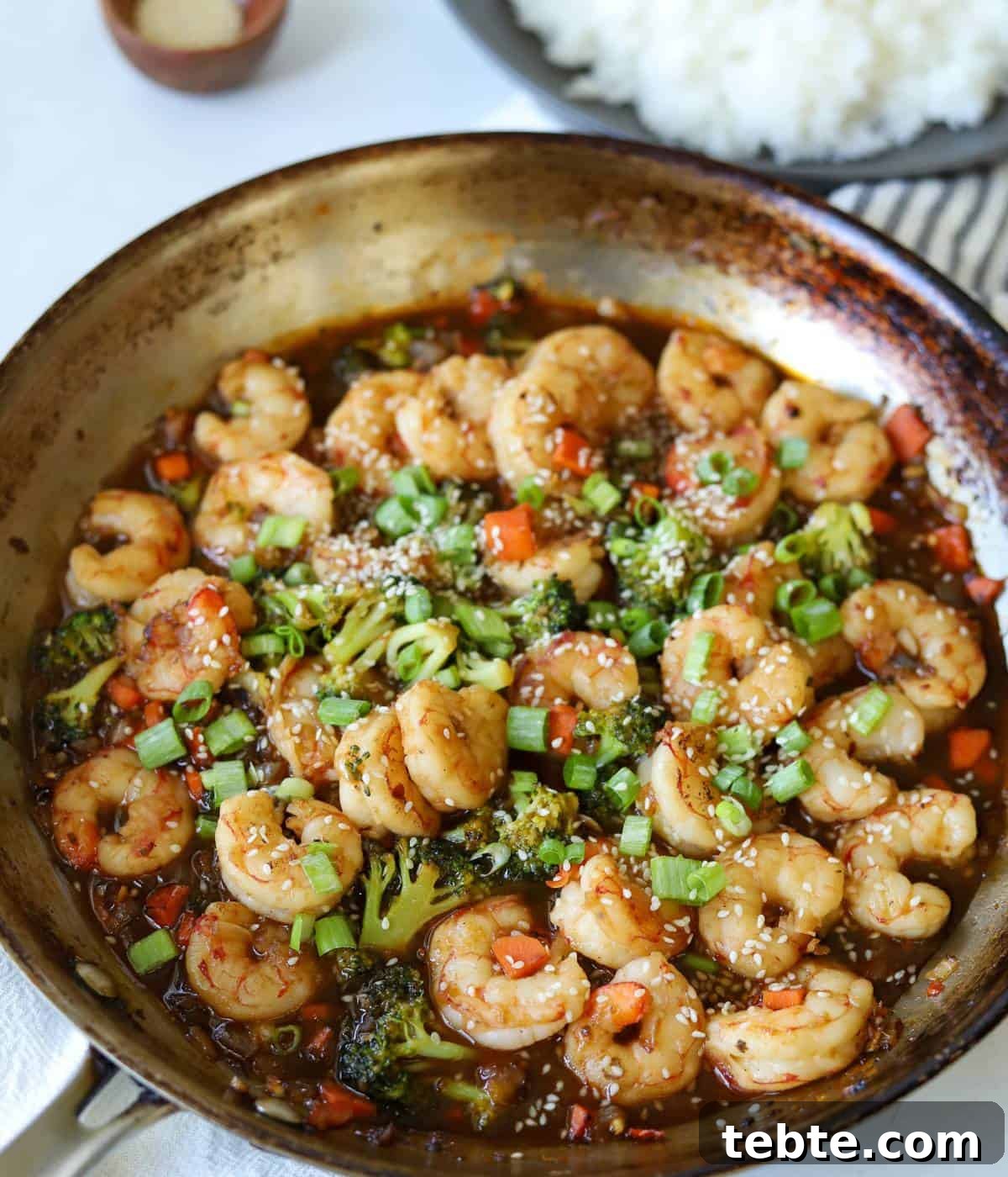 One-Skillet Shrimp and Broccoli Stir-Fry Recipe 9 Teriyaki Broccoli and Shrimp stir fry in skillet.