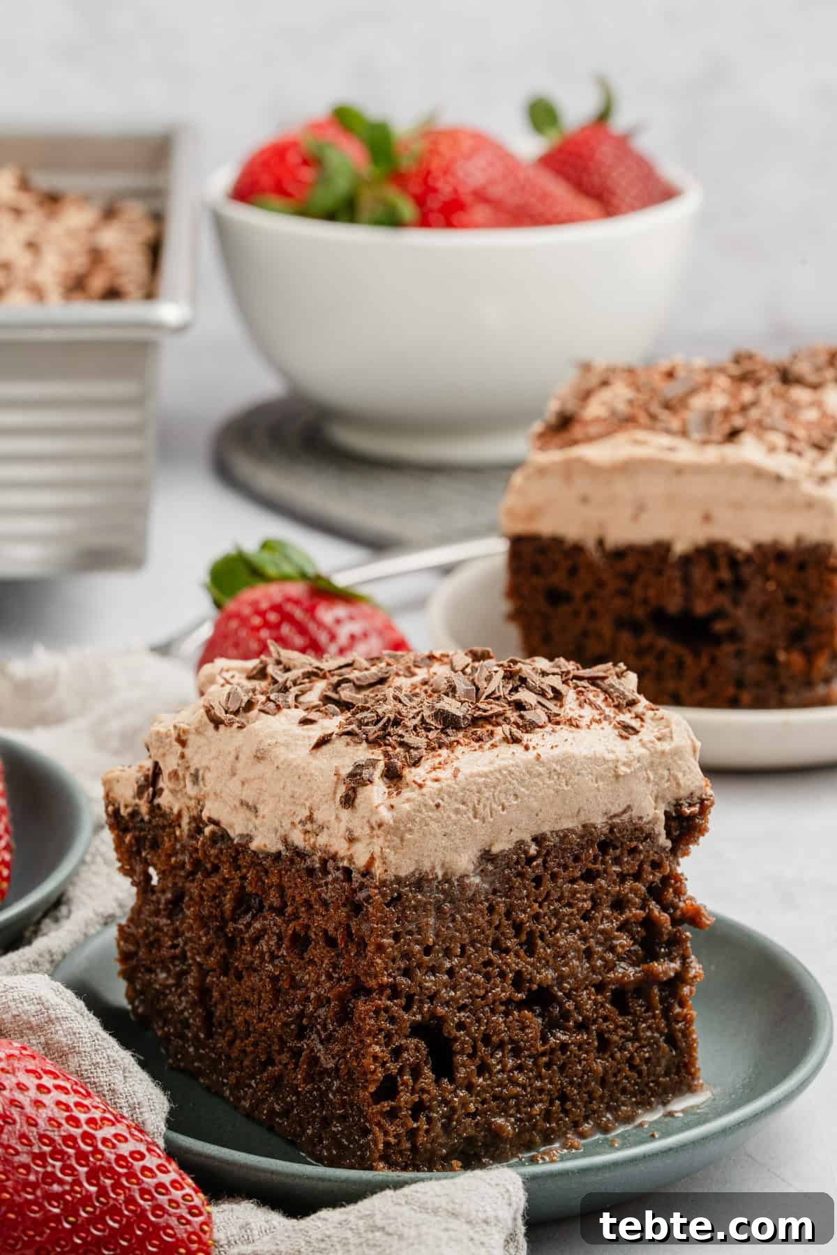 Decadent Chocolate Tres Leches Cake Recipe 2 Chocolate tres leches cake on a plate with a strawberry on top.