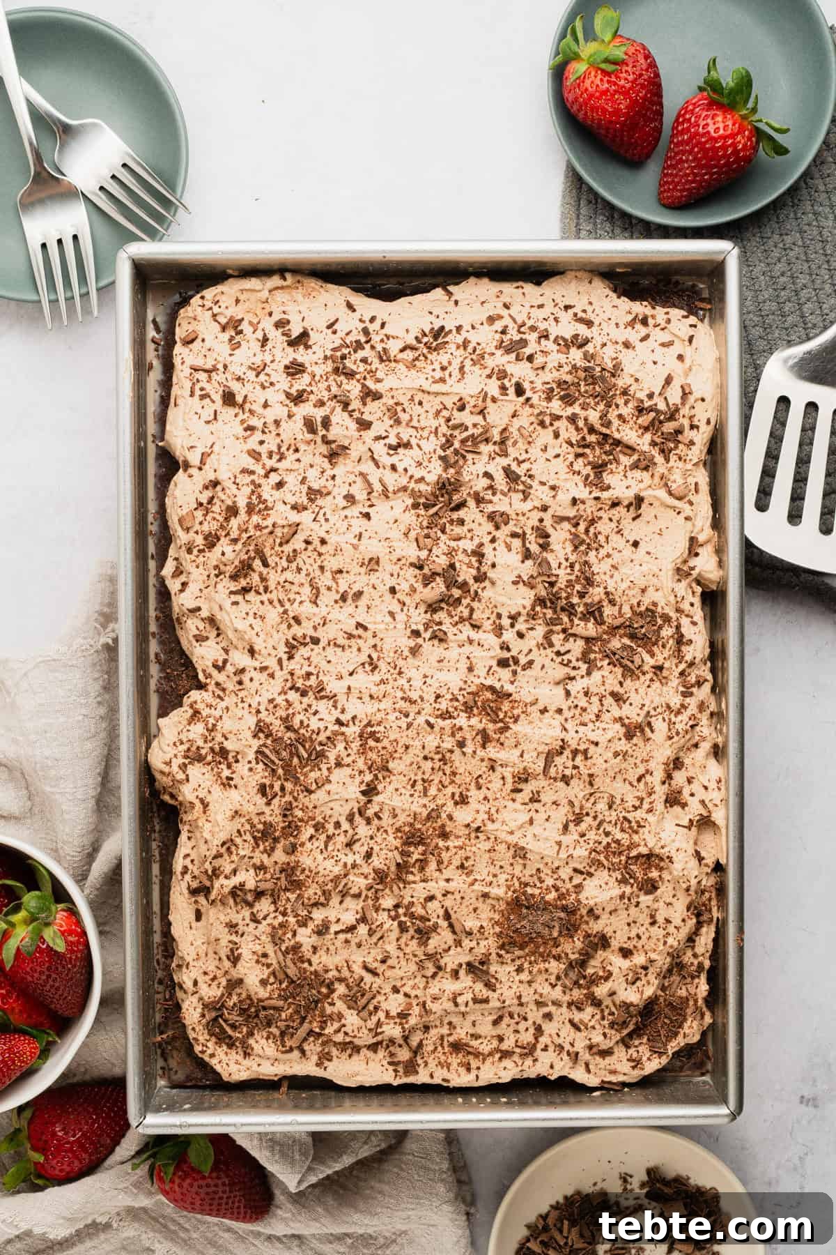 Decadent Chocolate Tres Leches Cake Recipe 7 Chocolate shavings on finished cake.