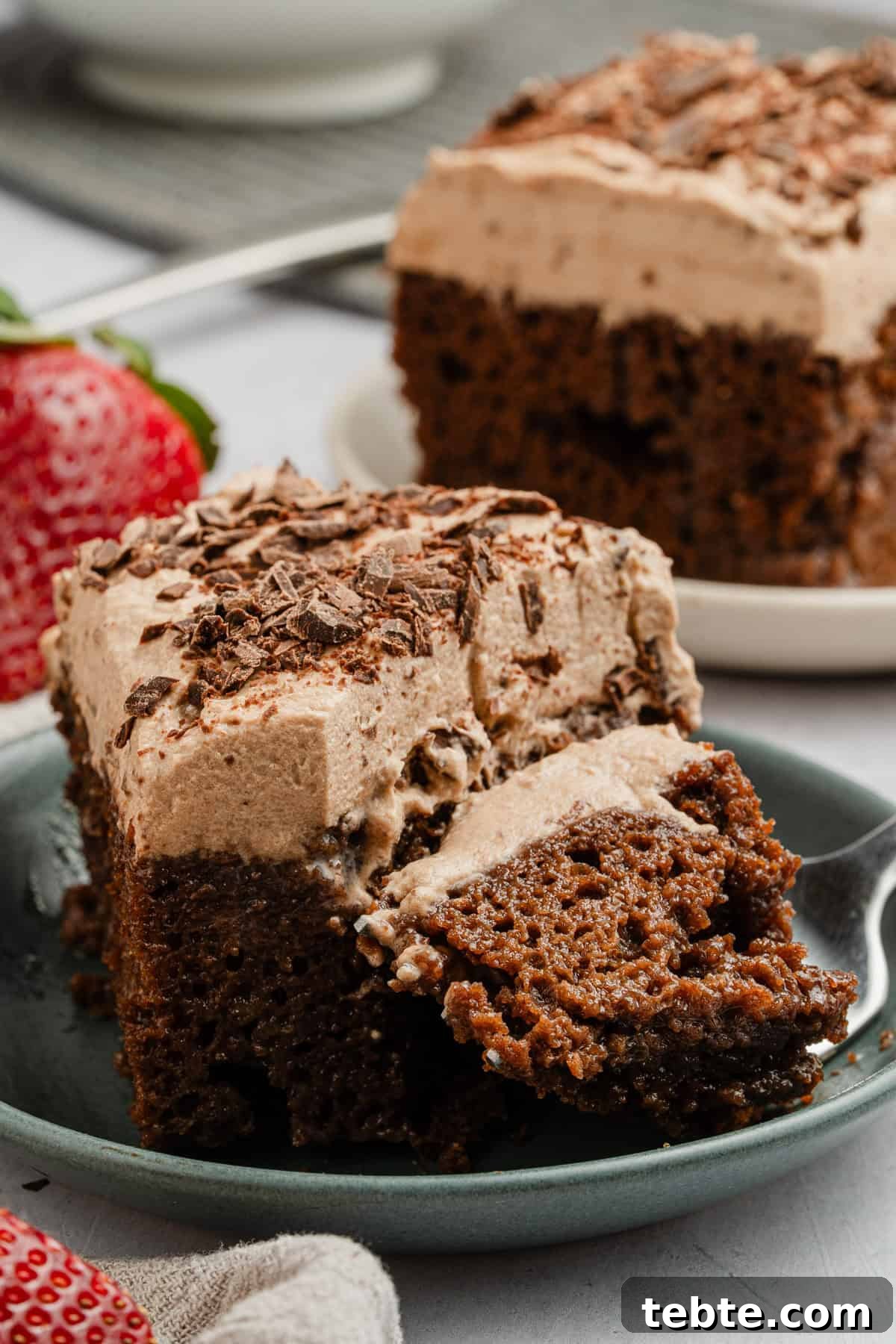 Decadent Chocolate Tres Leches Cake Recipe 8 Completed cake with a bite taken out.