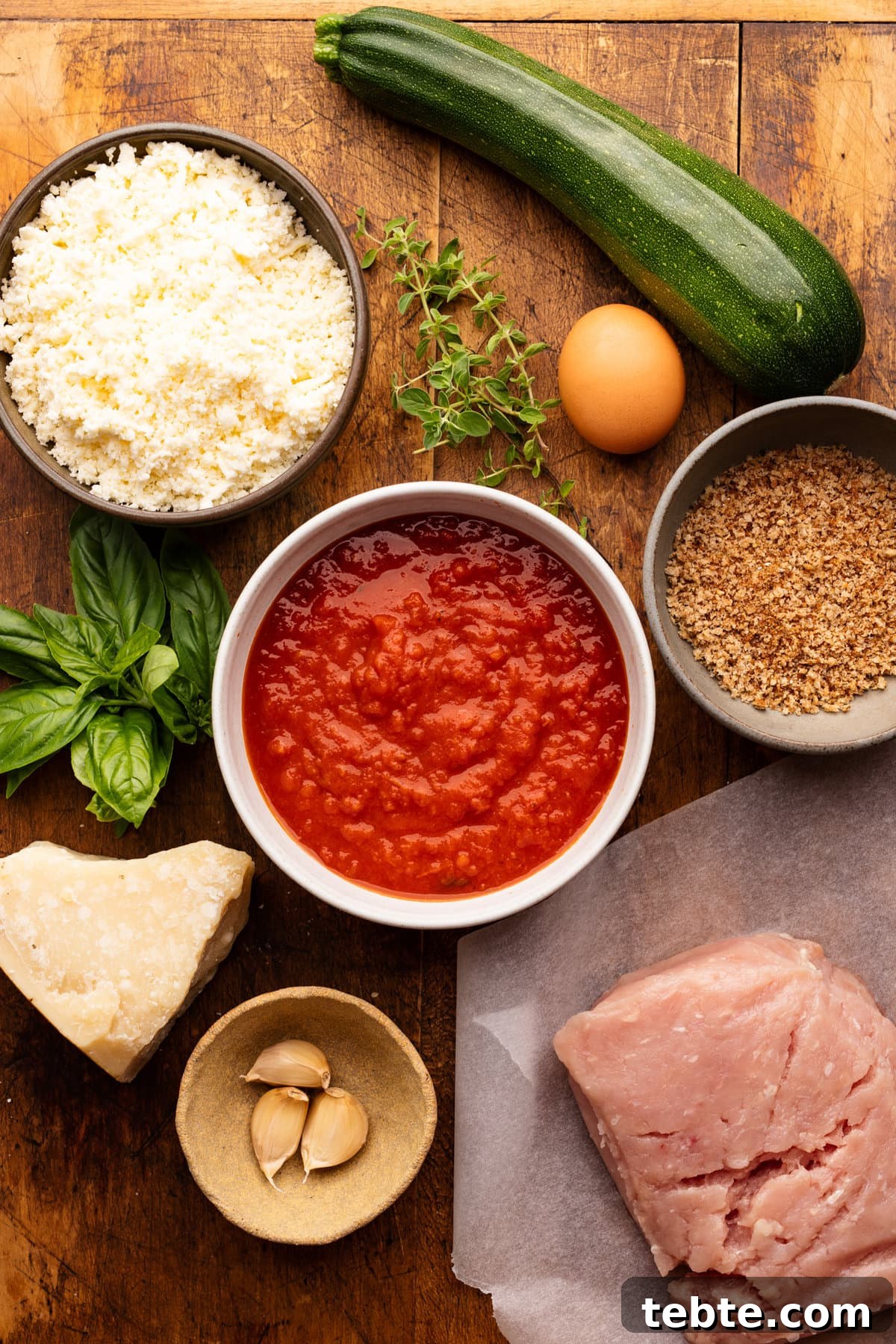 Chicken Parmesan Meatballs with Zucchini Skillet 3 Ingredients for chicken parmesan meatballs arranged on a wooden background.