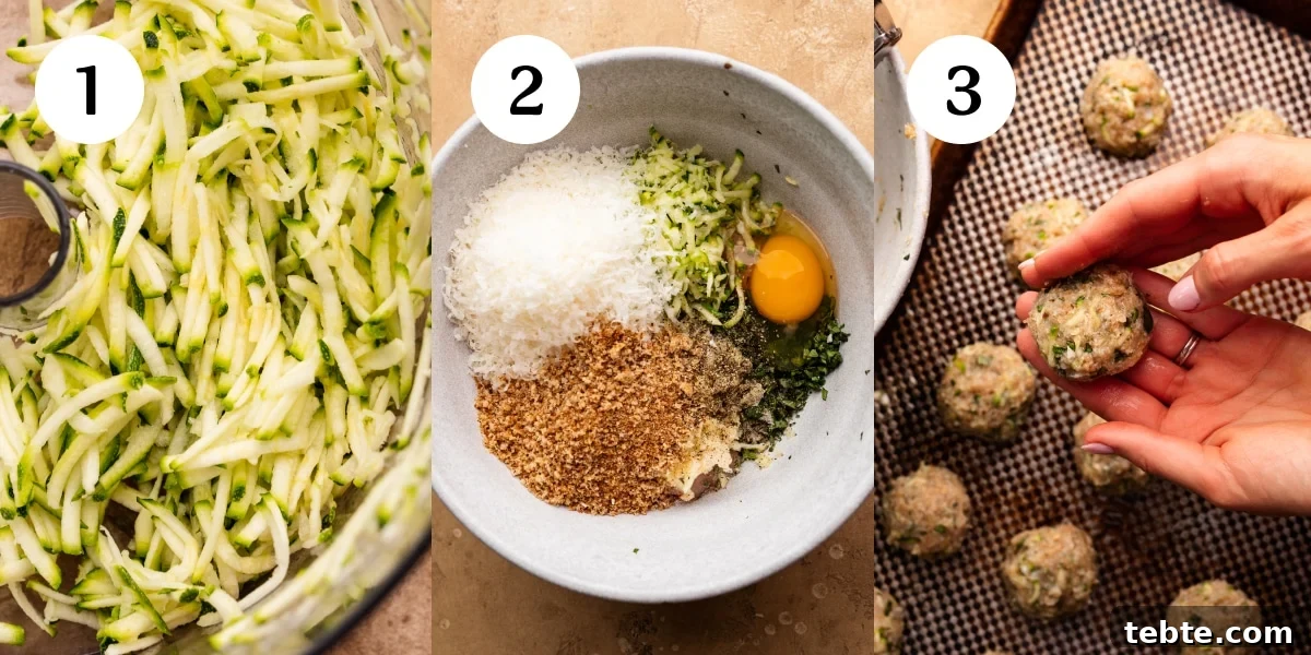 Chicken Parmesan Meatballs with Zucchini Skillet 4 A collage of three photos showing how to make chicken parmesan meatballs with zucchini. The first photo shows a close up of zucchini shredded into small pieces. The second photo is a mixing bowl with the meatball ingredients in it. The third photo is a hand rolling the meatballs into balls.