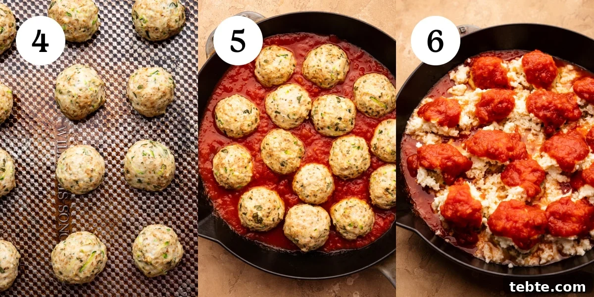 Chicken Parmesan Meatballs with Zucchini Skillet 5 A collage of three photos showing how to cook chicken parmesan meatballs. The first photo is the cooked meatballs lined on a sheet pan. The second photo is the cooked meatballs in a skillet pan with sauce on the bottom. The third photo is the same pan of meatballs, with cheese and sauce over top of the meatballs before they're baked.