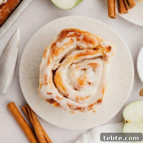 A cinnamon roll with apple pie filling on a small plate.