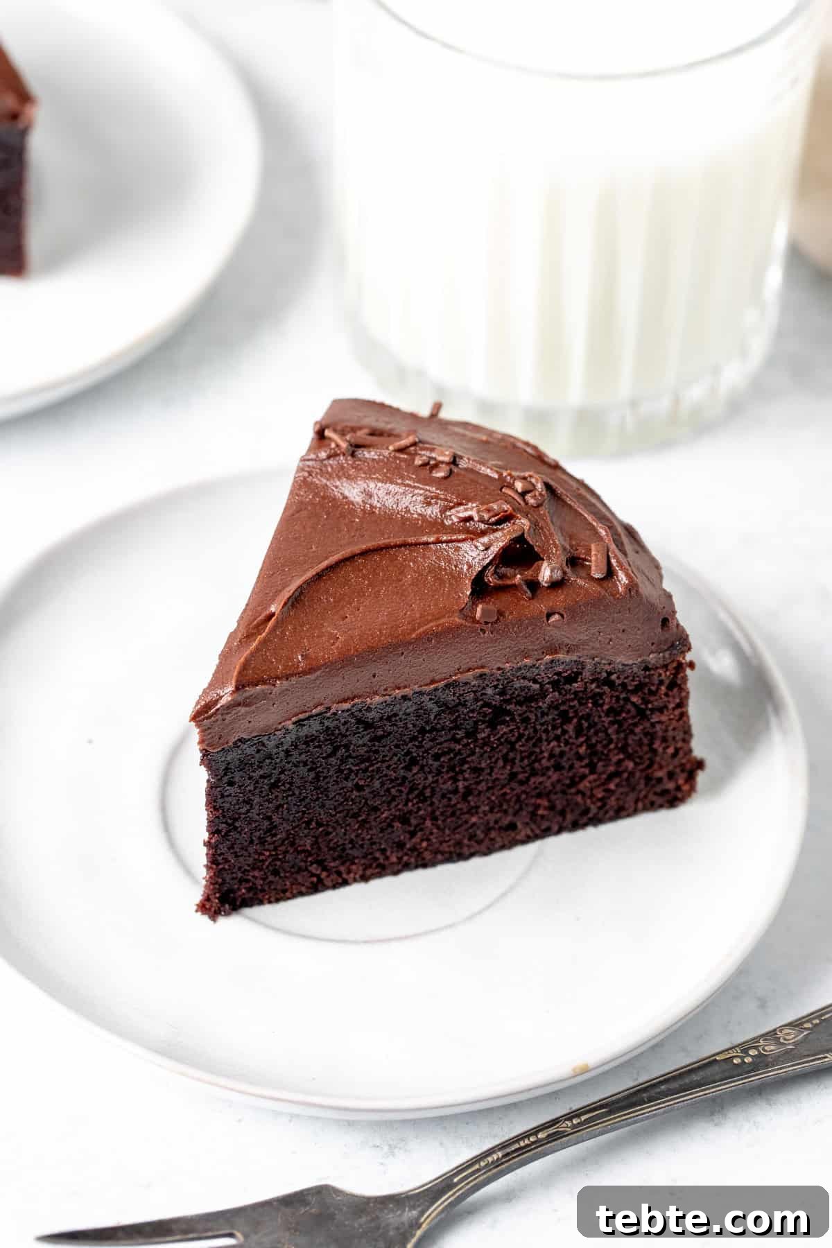 Decadent Mini Chocolate Cake Recipe for Two 3 Slice of a small chocolate cake with chocolate frosting