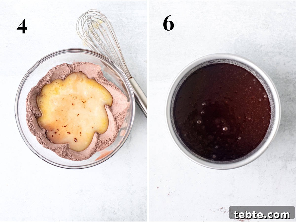 Decadent Mini Chocolate Cake Recipe for Two 5 Bowl with wet ingredients poured into dry ingredients, and unbaked 6-inch round chocolate cake