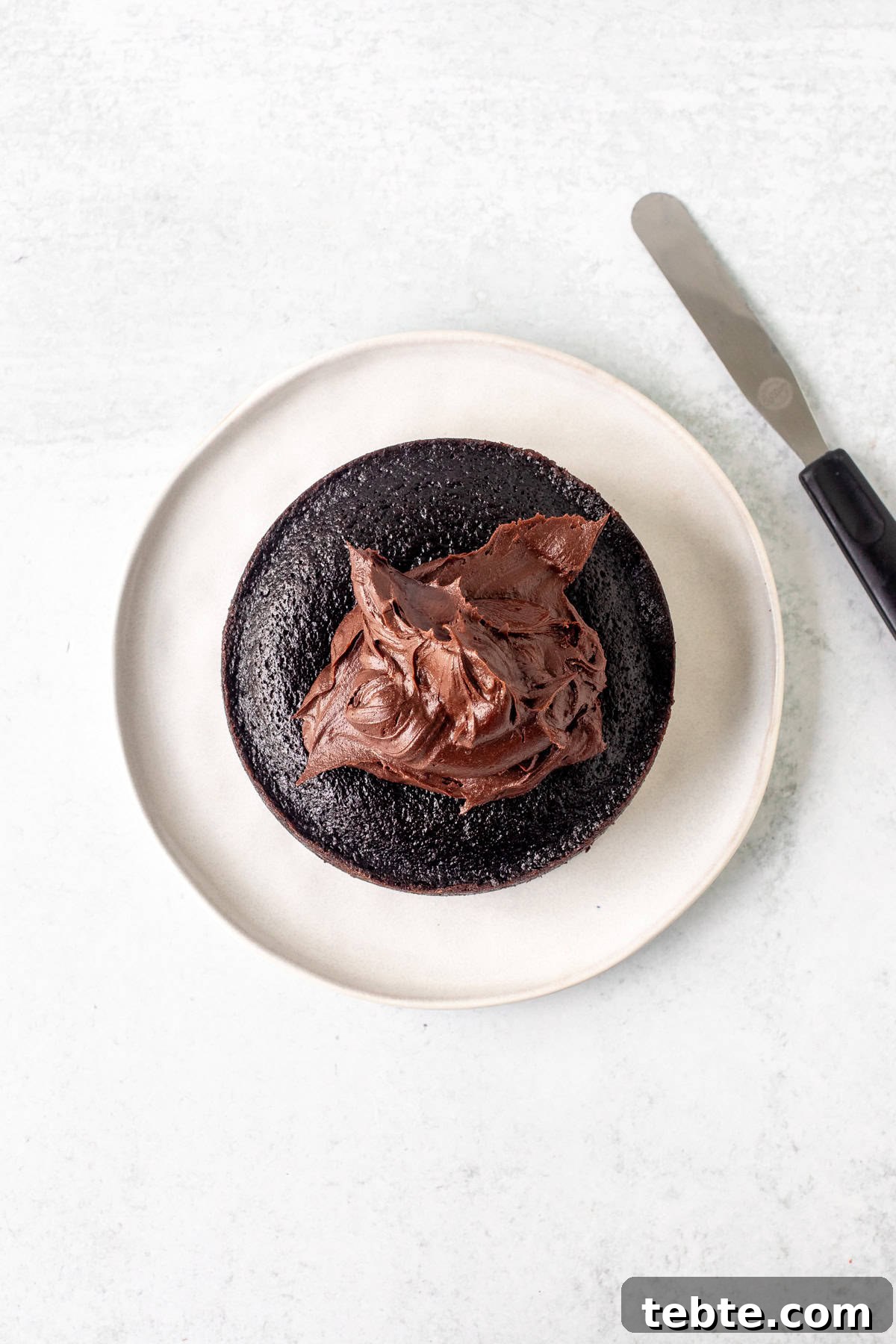 Decadent Mini Chocolate Cake Recipe for Two 6 Small round chocolate cake with dollop of chocolate frosting on top