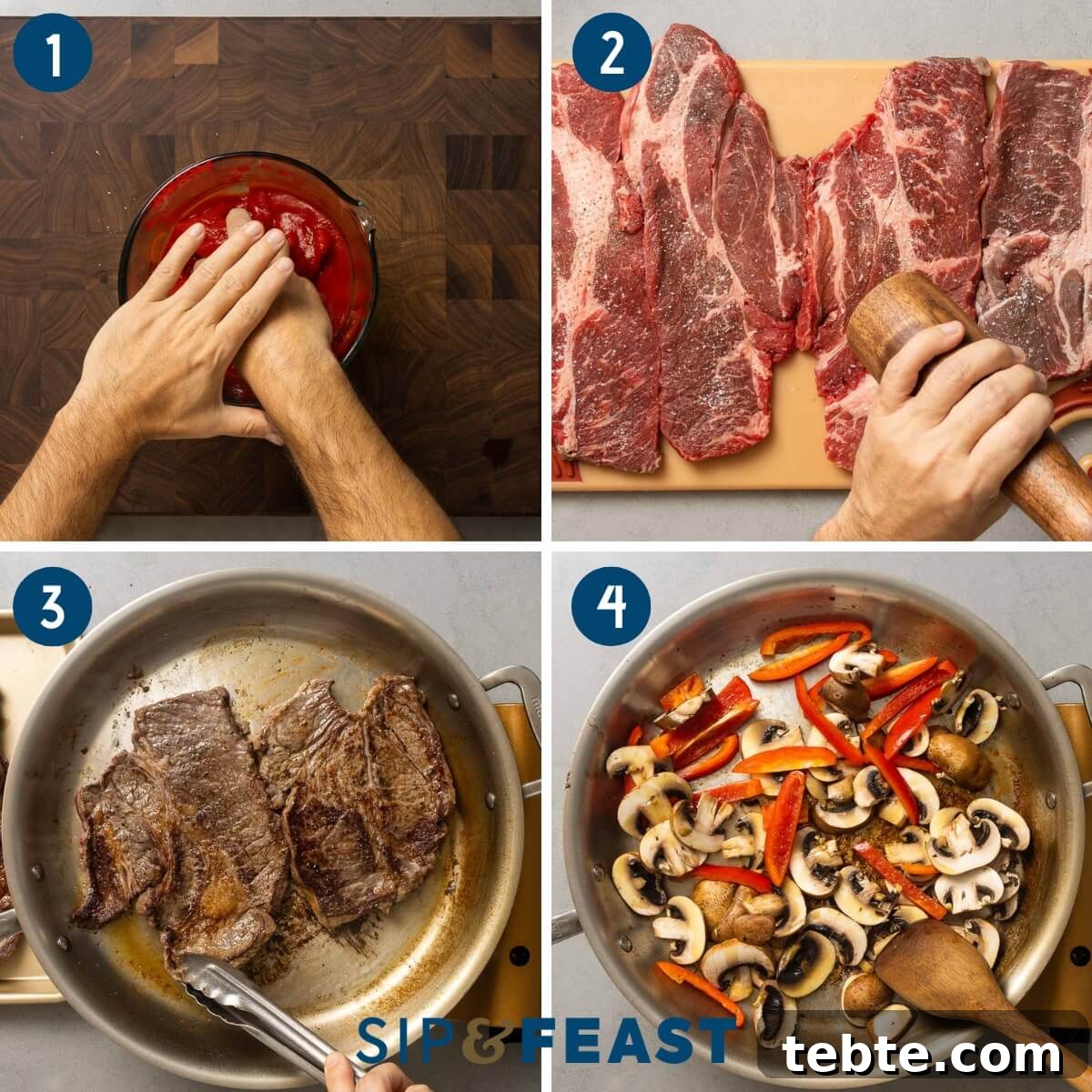 Steak Pizzaiola Recipe: Flavorful Affordable Weeknight Steak Dinner 5 4 part steak pizzaiola process shot collage showing hand crushing tomatoes, seasoning the steaks, searing the steaks, and sauteeing the mushrooms and peppers.