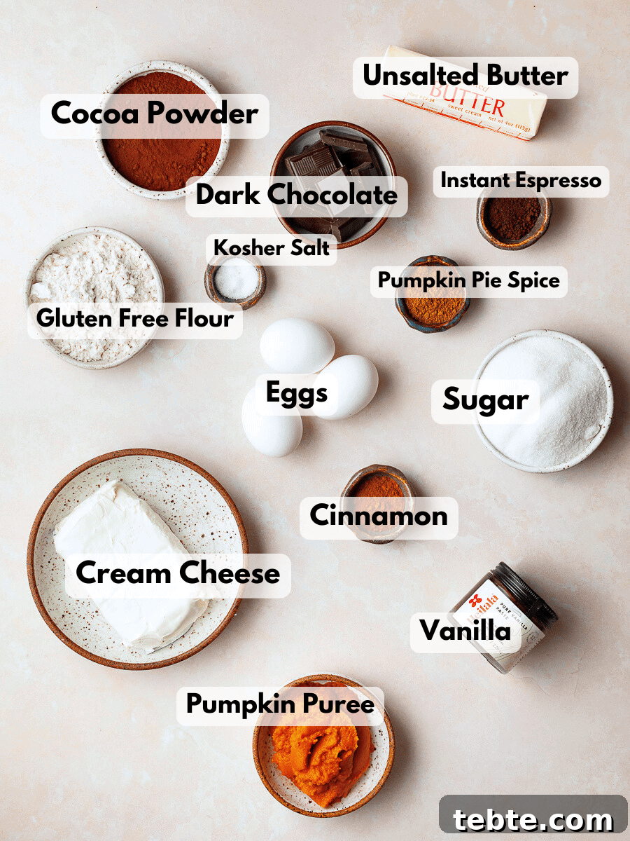 Gluten-Free Pumpkin Cheesecake Brownies Recipe for Fall Baking 3 a collage of ingredients needed to make gluten free pumpkin cheesecake brownies
