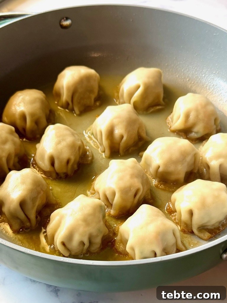 No-Fold Chicken Dumplings Recipe: Quick Homemade Potstickers 10 Dumplings with chicken broth, steaming in the skillet.