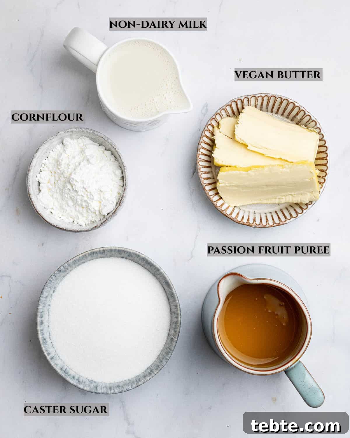 Vibrant Vegan Passion Fruit Curd Recipe for Tarts & Toast 3 A labelled photo of the ingredients needed to make vegan passion fruit curd.