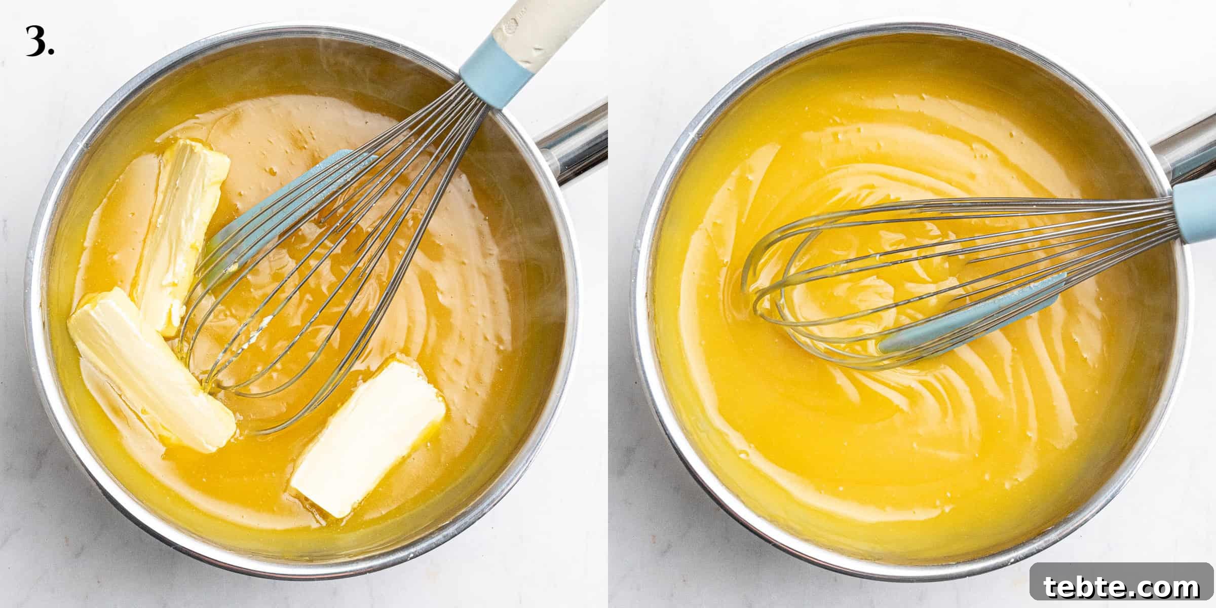 Vibrant Vegan Passion Fruit Curd Recipe for Tarts & Toast 7 Step 3, a two image collage of adding the butter.