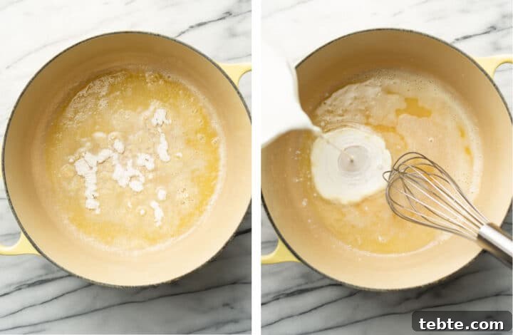 Creamy Southern-Style Creamed Corn Recipe 4 making a roux in a soup pot and adding in half and half and seasonings for creamed corn