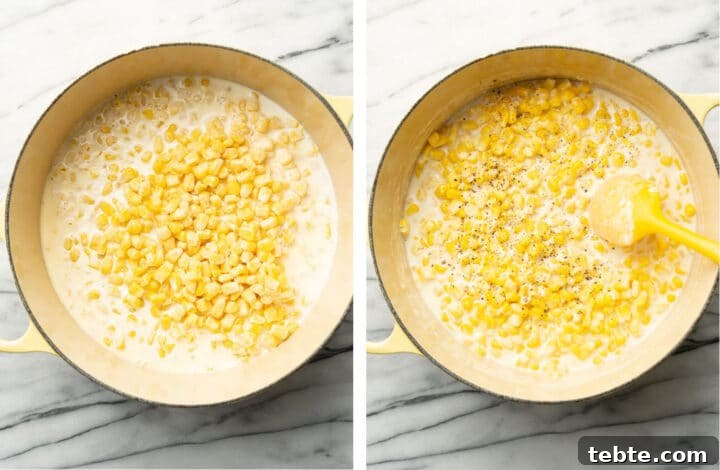 Creamy Southern-Style Creamed Corn Recipe 5 adding in corn to a soup pot and stirring to make creamed corn