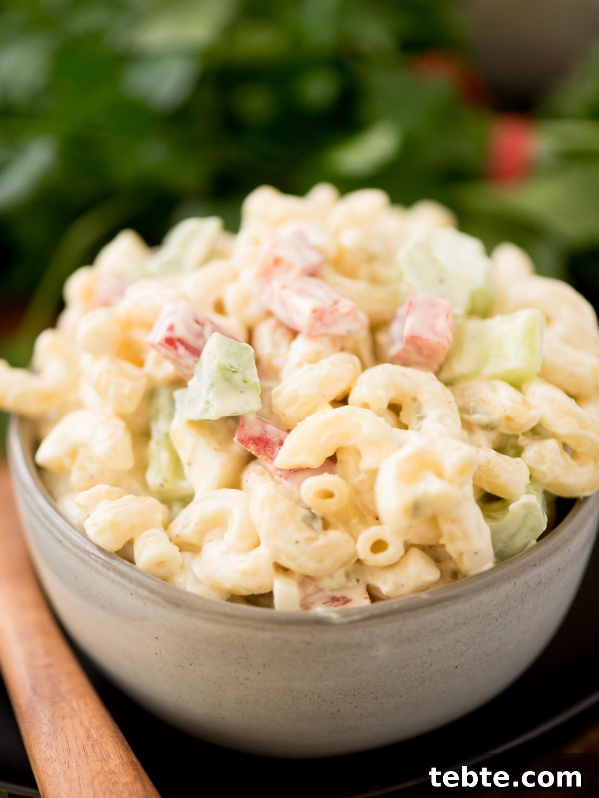 Grandma’s Old-Fashioned Macaroni Salad Recipe – Classic Comfort Food 6 Macaroni salad in a grey bowl surrounded by a serving spoon and fresh parsley.