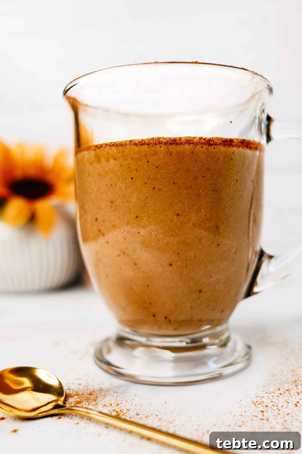 Side view of a glass mug filled with protein chai latte, sprinkled with cinnamon, with a gold spoon and sunflower in the background.