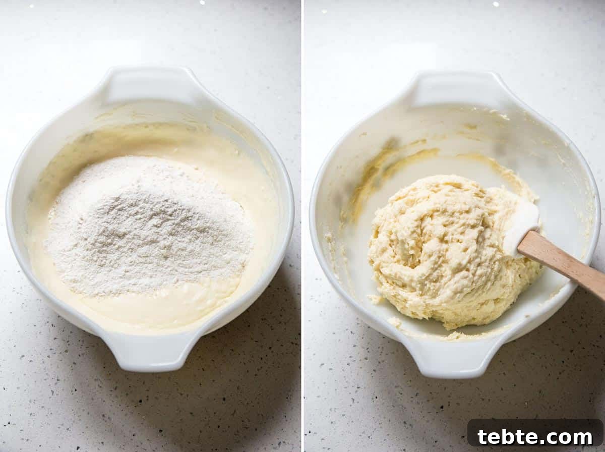 Mascarpone Cake with Fresh Mixed Berries: Creamy Summer Dessert 3 Collage: 2 photos of dry ingredients being mixed with wet ingredients.