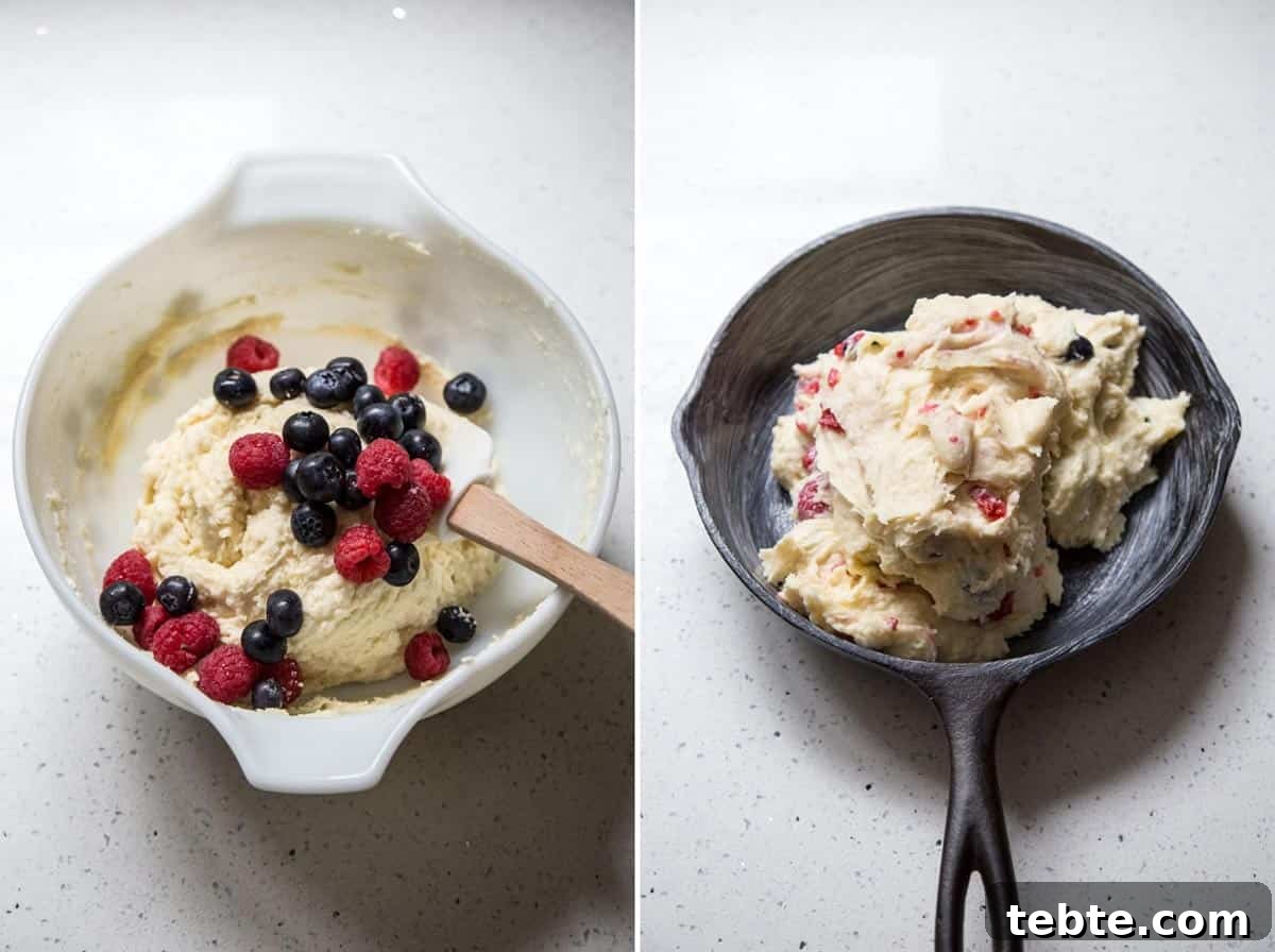 Mascarpone Cake with Fresh Mixed Berries: Creamy Summer Dessert 4 Collage: 2 photos showing the berries being folded into the cake batter and then transfer to the cast iron skillet.