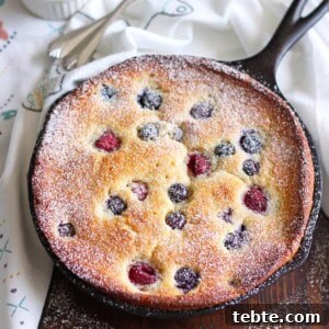 Mascarpone Cake with Fresh Mixed Berries: Creamy Summer Dessert 5 Mascarpone cheese cake with mixed berries in a cast iron skillet covered in powdered sugar.