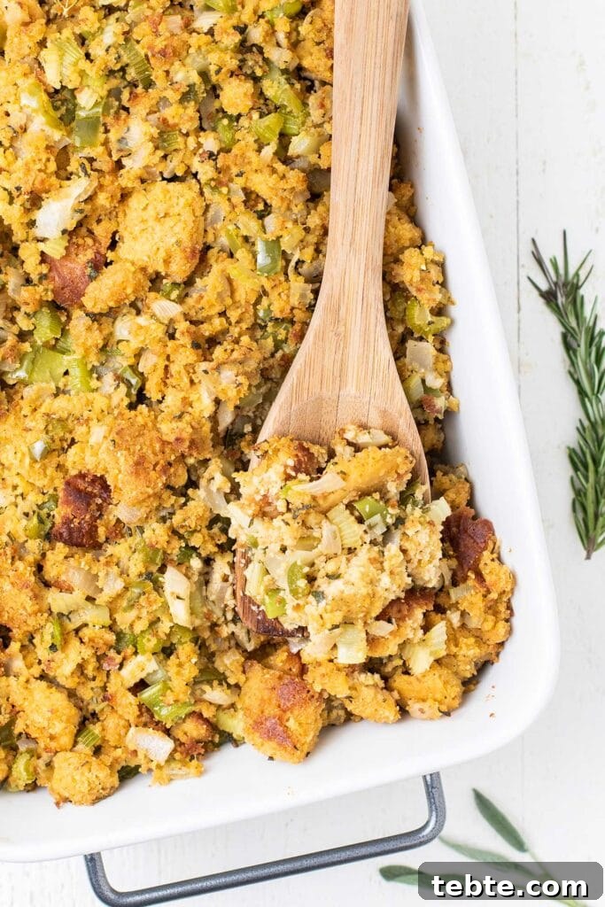 Southern Cornbread Dressing Recipe for Holiday Tables 2 A baking dish filled with a flavorful cornbread dressing.