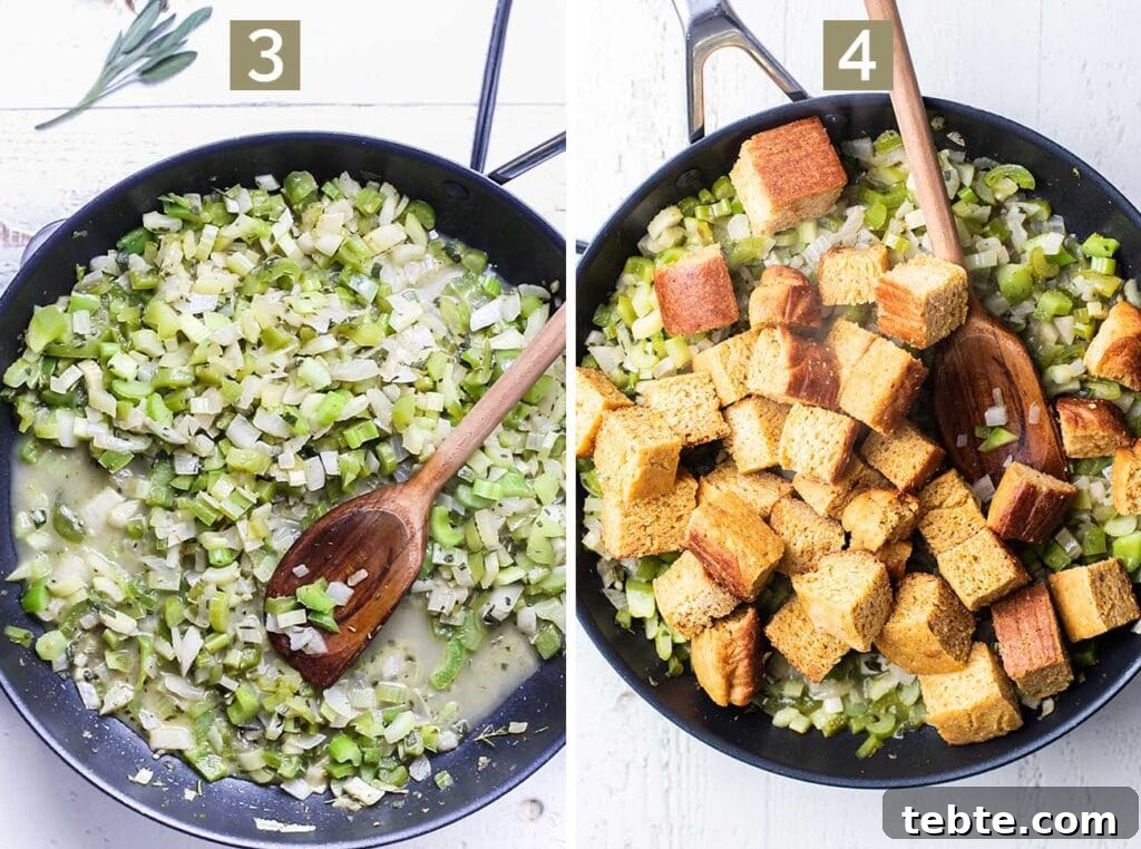 Southern Cornbread Dressing Recipe for Holiday Tables 5 Step 3 shows adding chicken broth to the sautéed vegetables, and step 4 shows adding the cornbread into it.