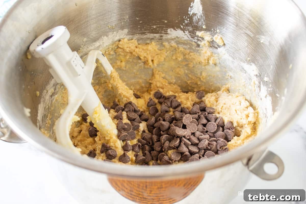 Batter in a mixing bowl with chocolate chips.