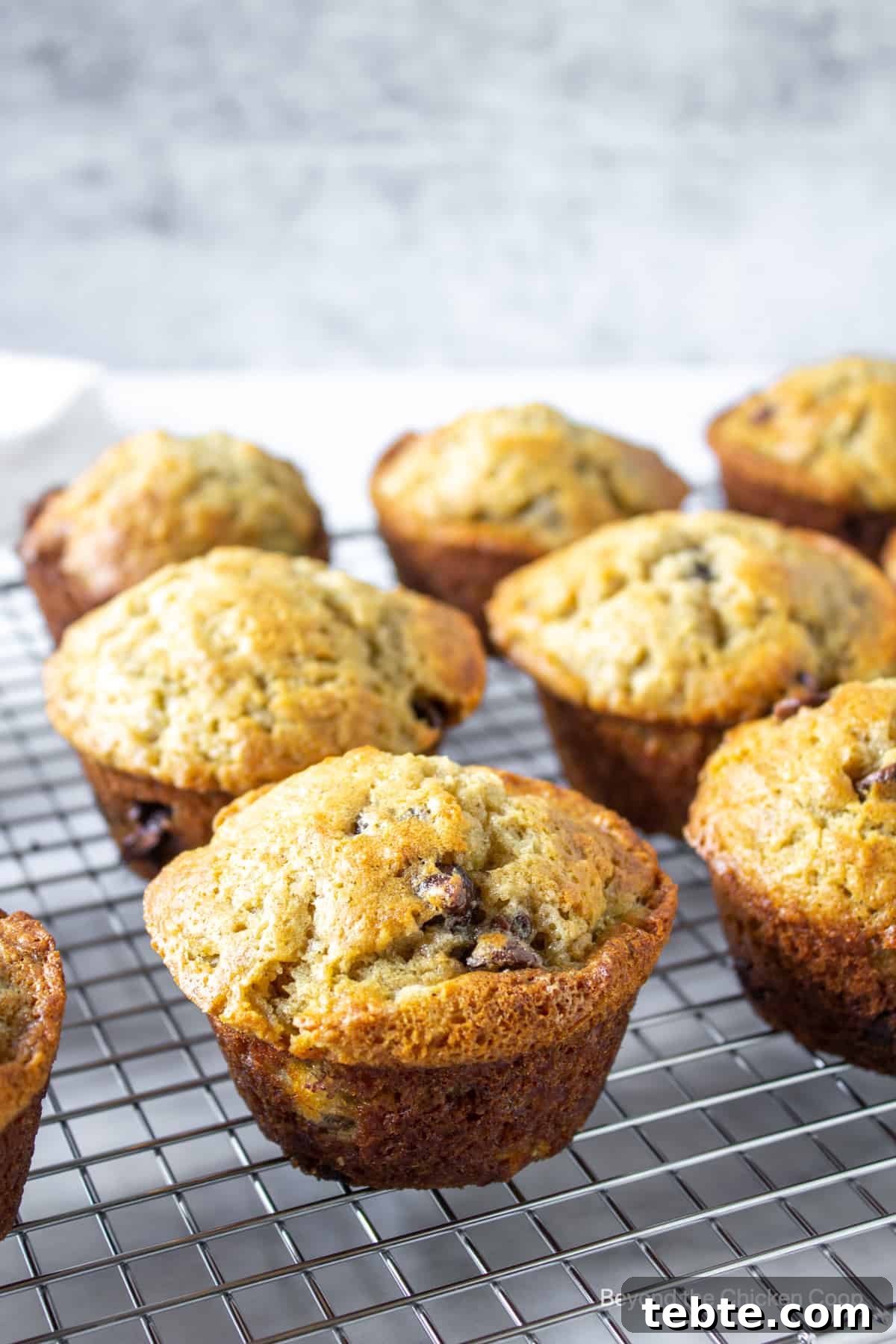 Muffins lined up on a baking rack.