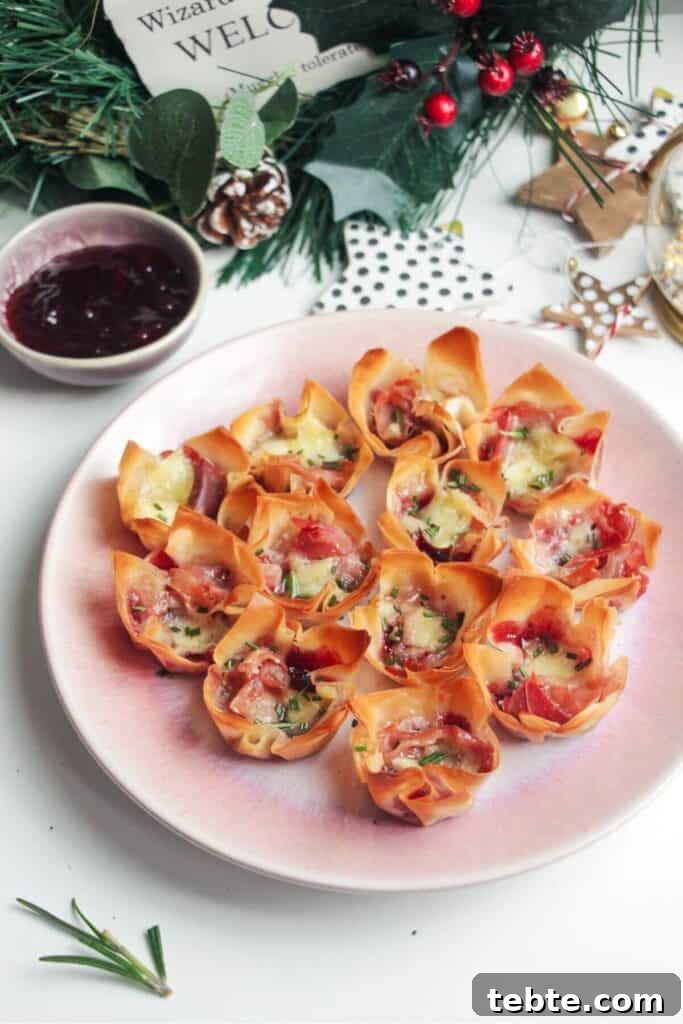 Jalapeño Popper Bread with Creamy Dipping Oil Recipe 11 Brie filo bites on a small pink plate.