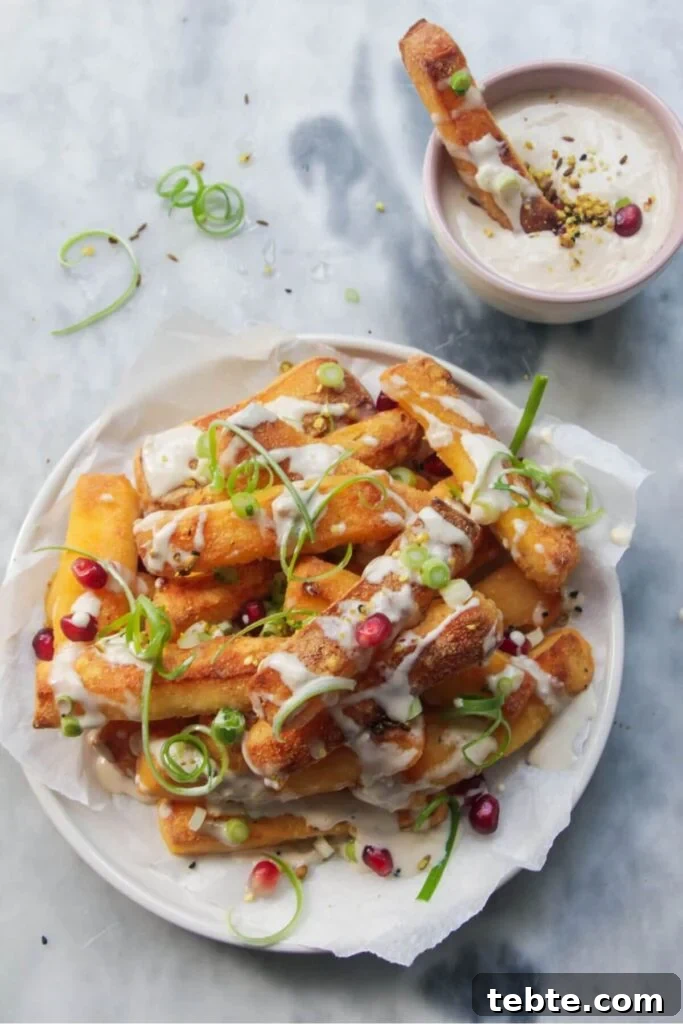 Jalapeño Popper Bread with Creamy Dipping Oil Recipe 13 Pile of halloumi fries on a white plate with pomegranate seeds, spring onion and tahini sauce drizzled on top.