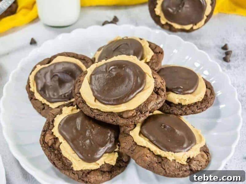 13 Christmas Cookies That Win Every Office Cookie Exchange 12 A plate of chocolate cookies topped with a layer of peanut butter and a layer of chocolate frosting, with a glass of milk in the background.