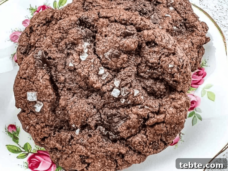13 Christmas Cookies That Win Every Office Cookie Exchange 13 A close-up of a large chocolate cookie sprinkled with coarse salt, placed on a decorative plate with pink rose patterns.