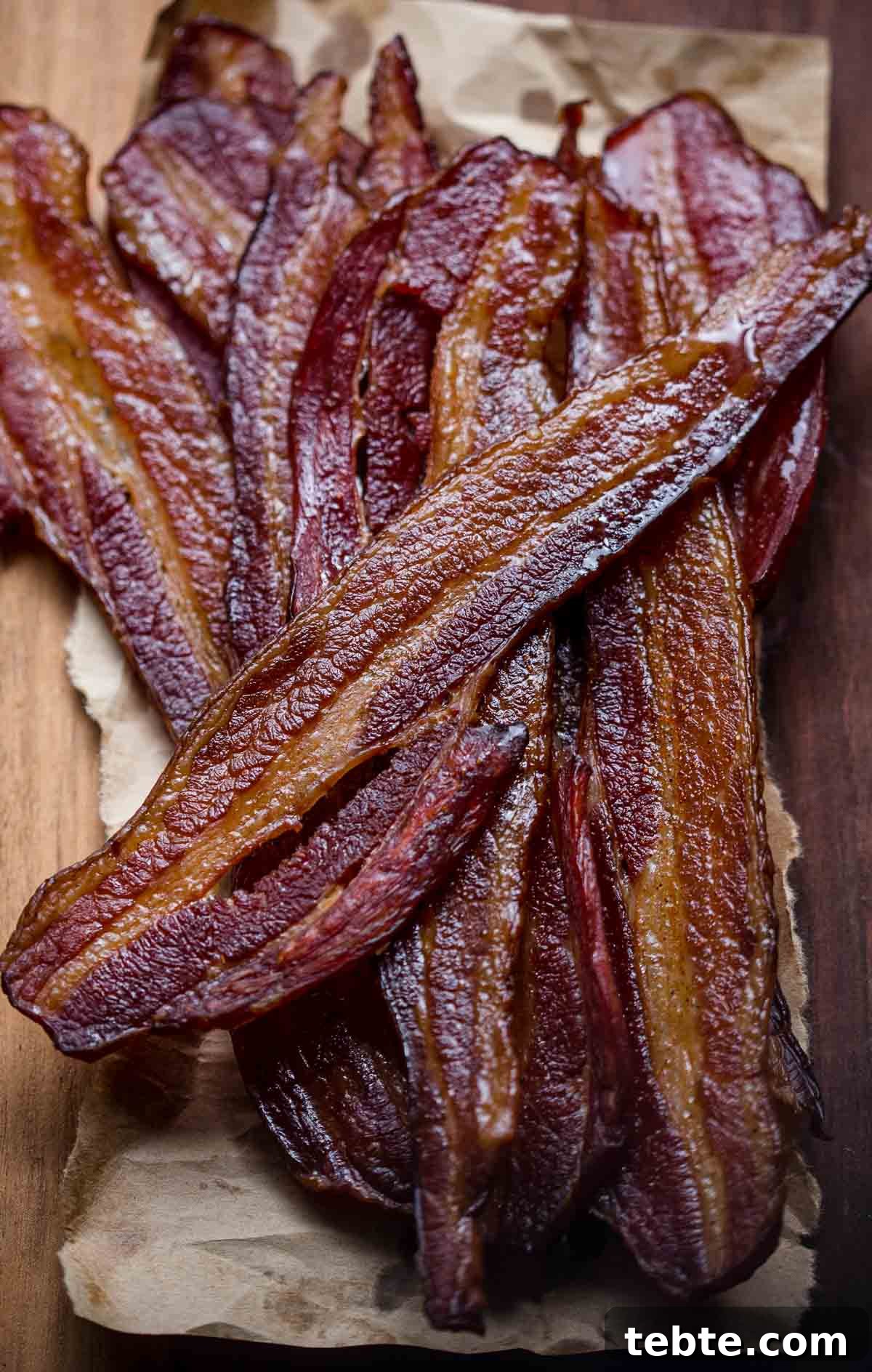 Crispy Smoked Bacon with Maple Glaze Recipe and Tips 5 Slices of smoked bacon with a maple cayenne glaze on a cutting board