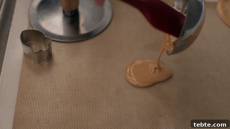 5-Minute Dalgona Candy Recipe: Crispy Korean Sugar Treat 12 A spatula is scrapping the melted dalgona candy from the ladle and poured on a silicon mat.