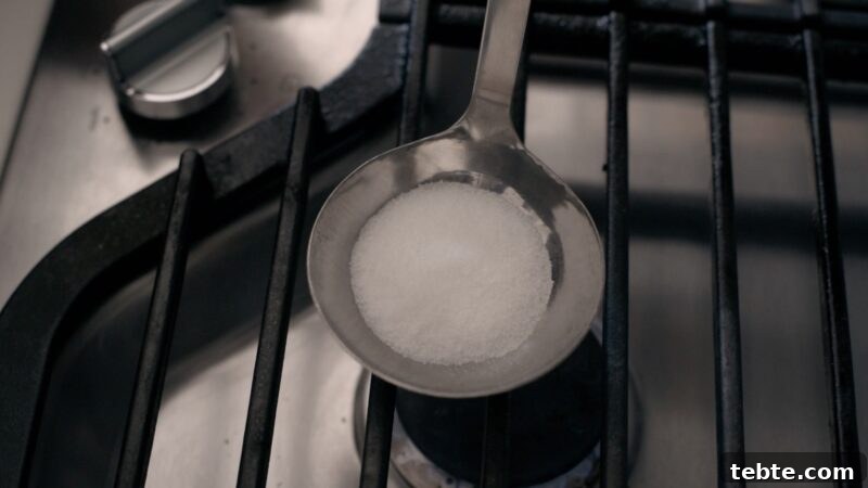 5-Minute Dalgona Candy Recipe: Crispy Korean Sugar Treat 6 White sugar is place in a ladle over heat source on the stove.