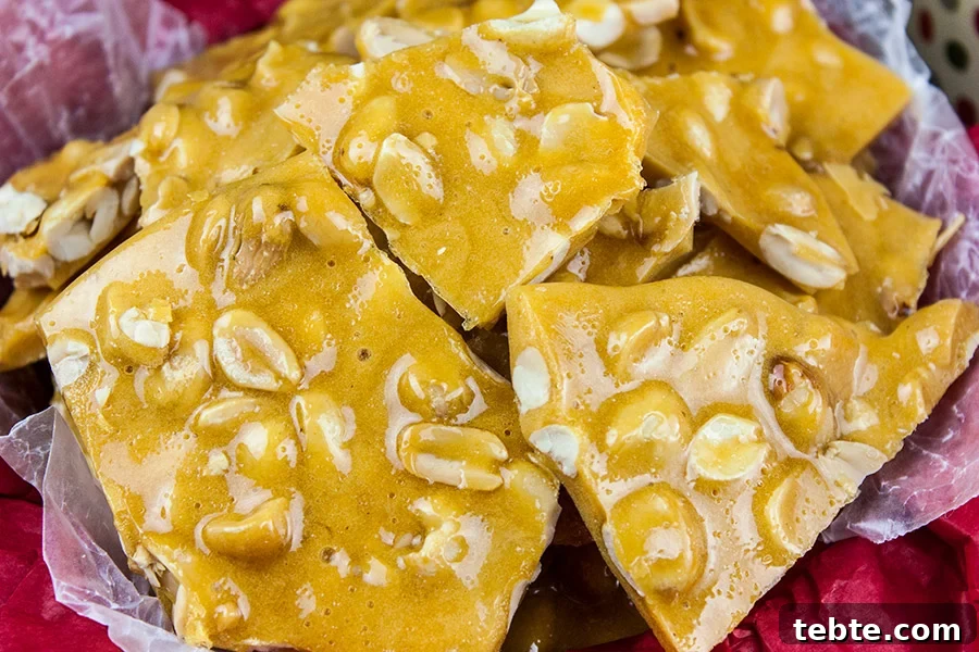 Close up of broken peanut brittle pieces.
