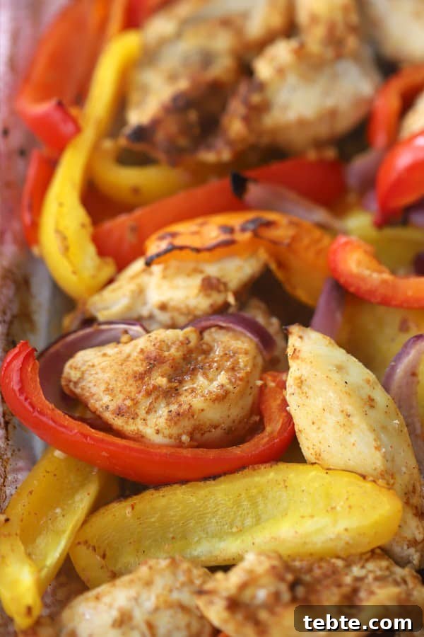 Sheet Pan Chicken Fajitas for Quick Weeknight Dinners 5 Seasoned chicken fajitas baked in the oven.