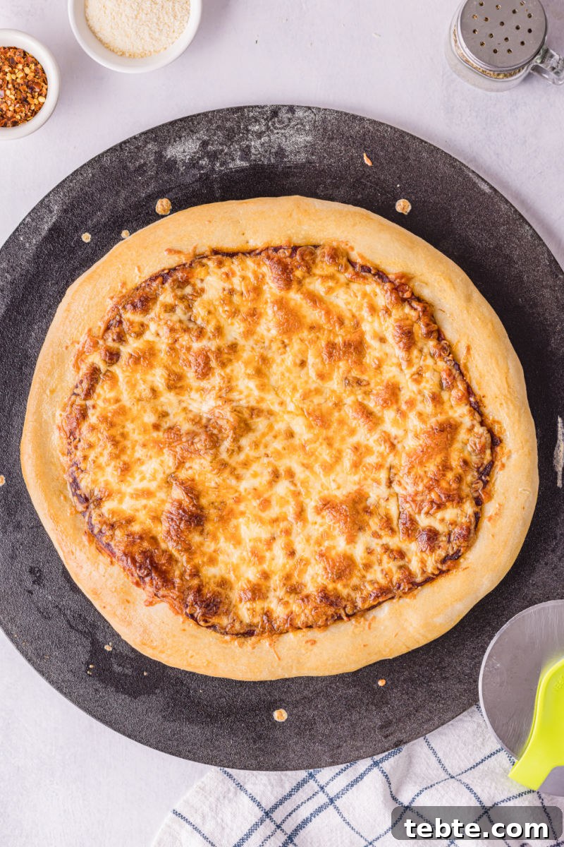 looking down at a cheese pizza on a pizza stone