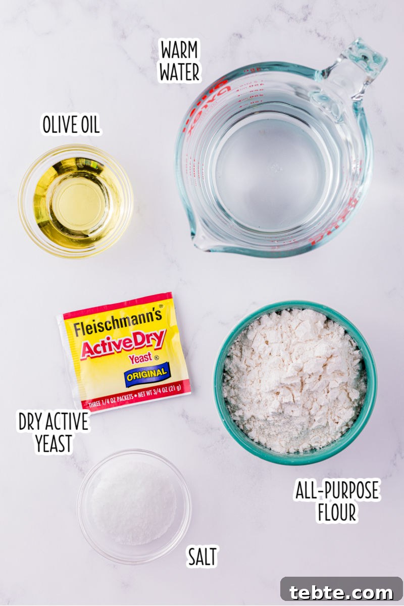 pizza dough recipe ingredients with text labels