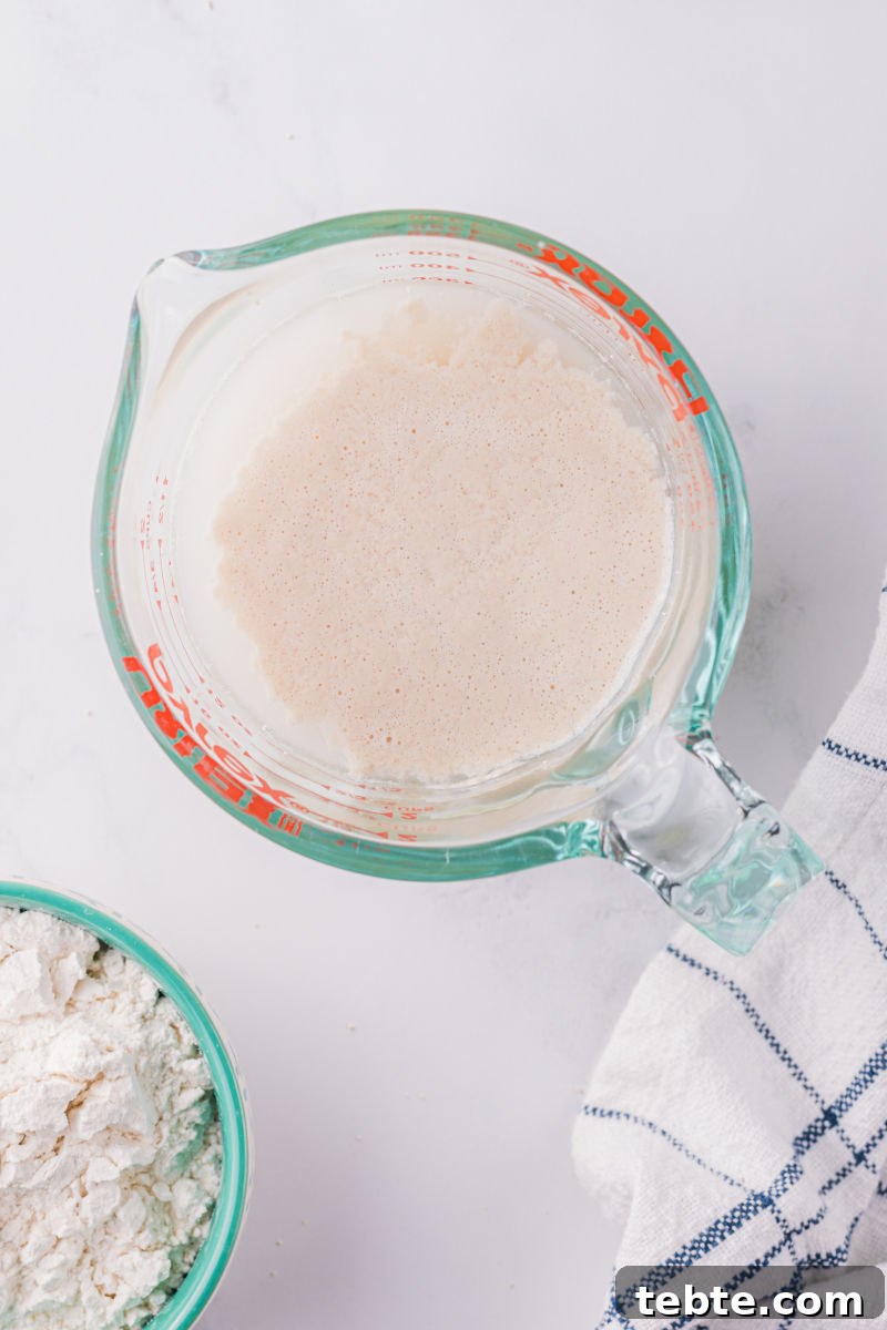warm water and dry active yeast in a measuring cup