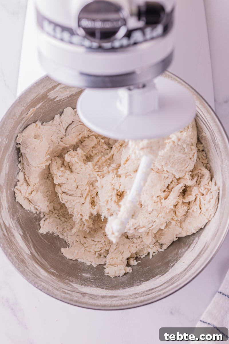 pizza dough in a stand mixer bowl after mixing