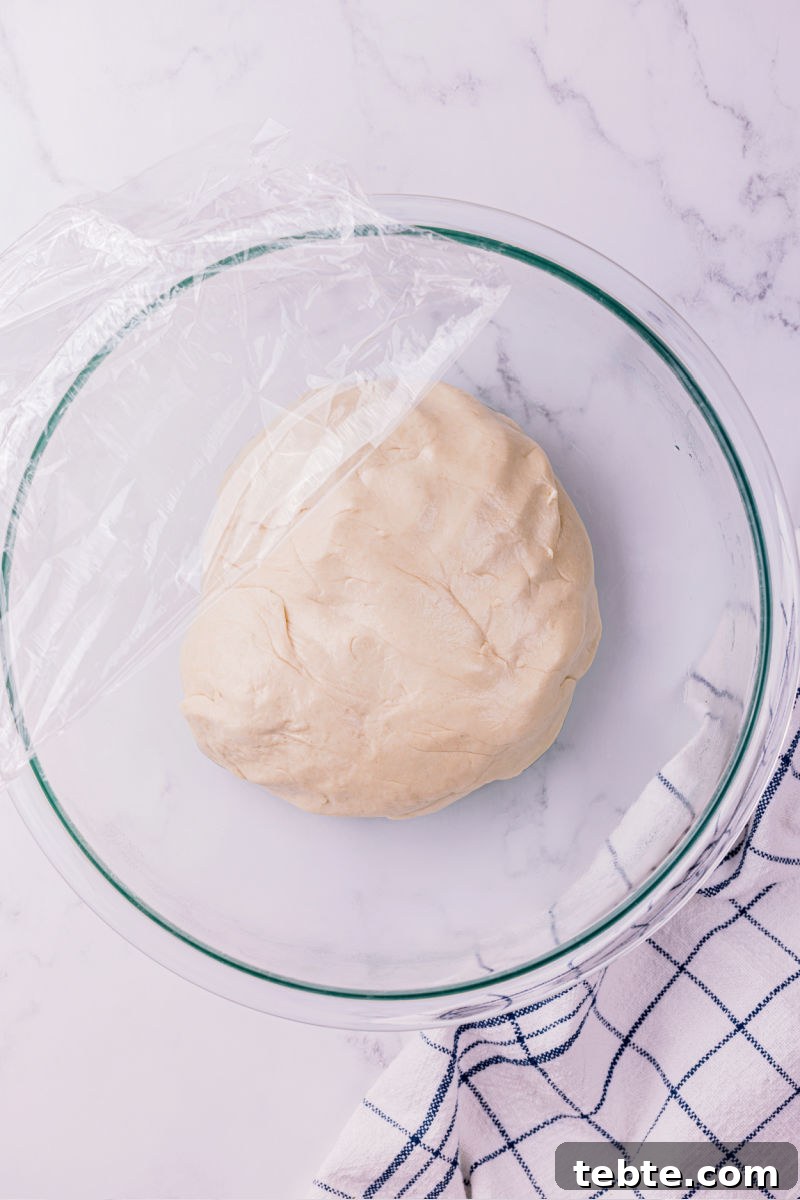 plastic wrap over kneaded pizza dough in an oiled bowl