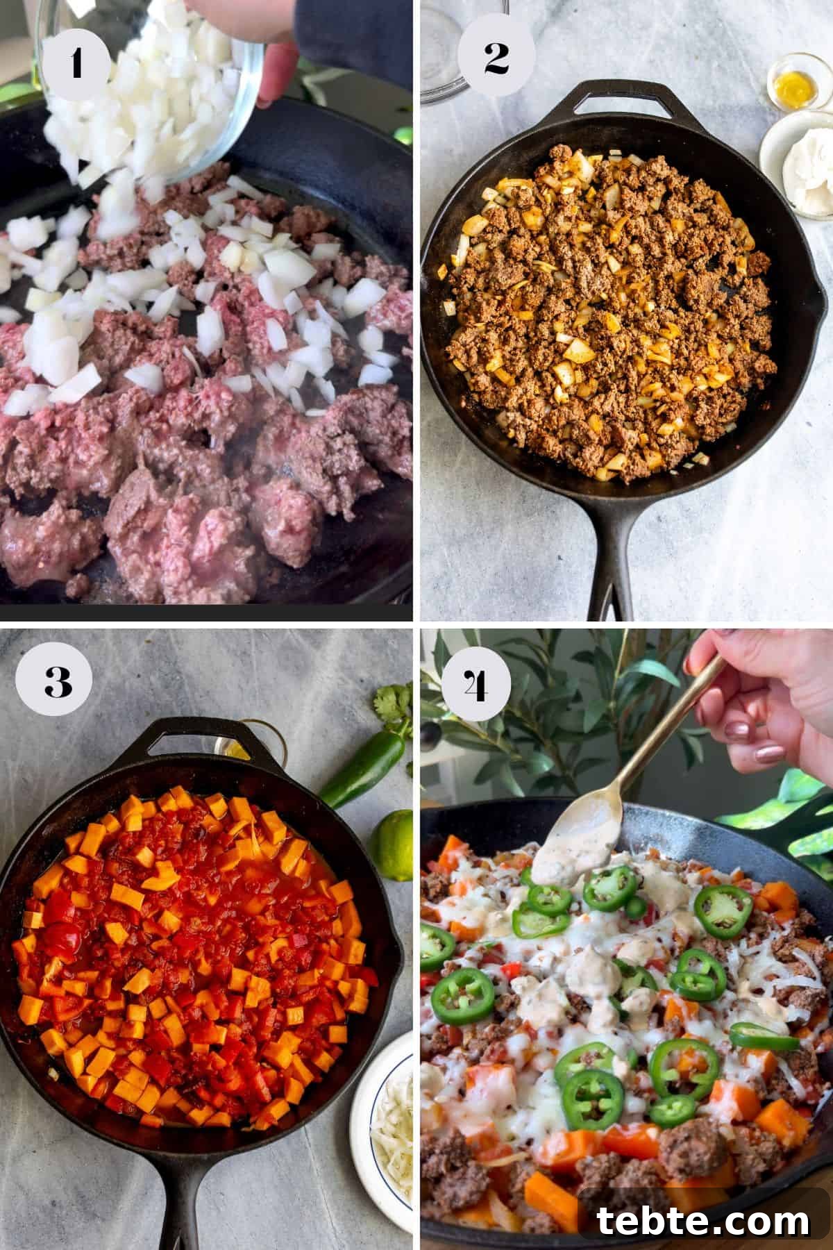 Black cast iron pan with beef and veggies in it showing steps to make this recipe.