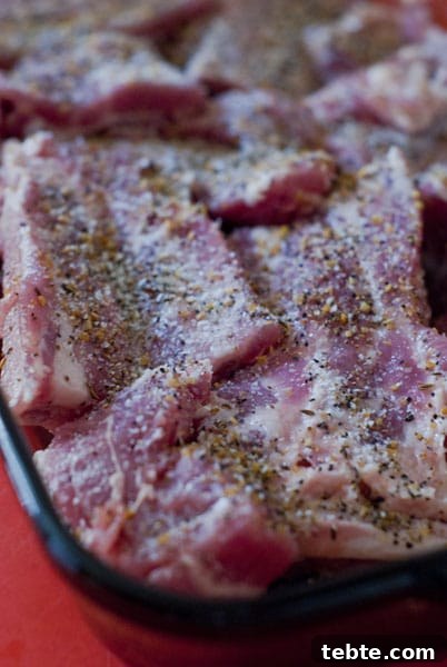 Orange Sticky Finger RIbs | Heather Likes Food seasoned ribs in a glass baking dish