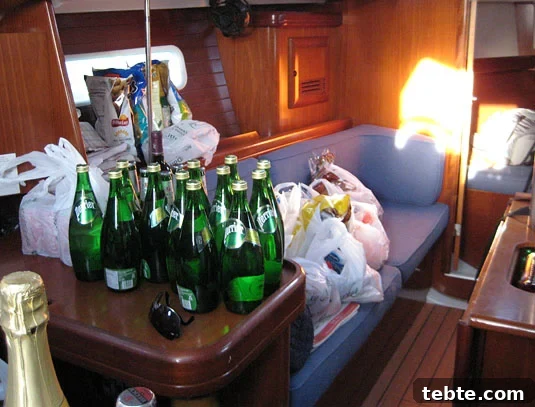 The sheer quantity of groceries we had to store into the boat was frightning at first, but we managed to fit everything in. The sheer quantity of groceries we had to store into the boat was frightning at first, but we managed to fit everything in.